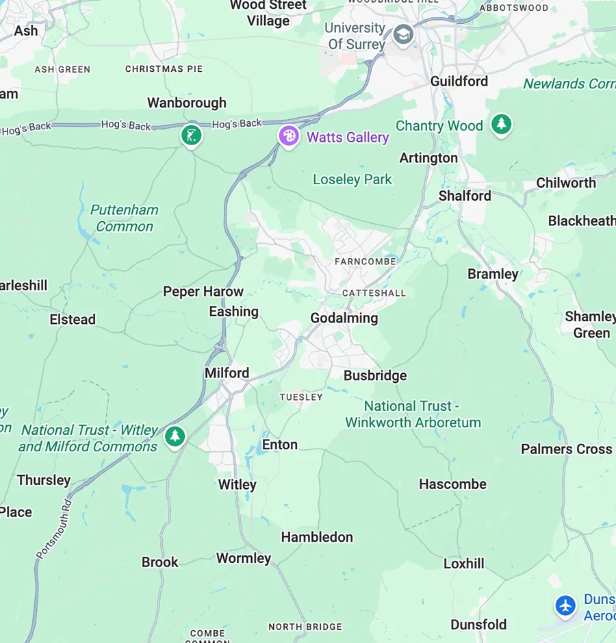 Map of Guildford Roofing coverage across Godalming