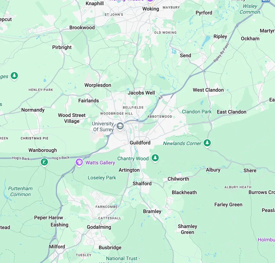 Map showing roofing coverage across Guildford, Godalming, Cranleigh, Bramley and Woking