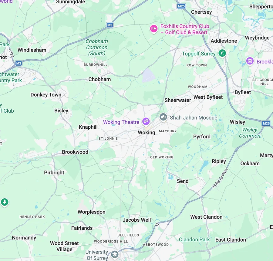 Map of Guildford Roofing coverage across Woking